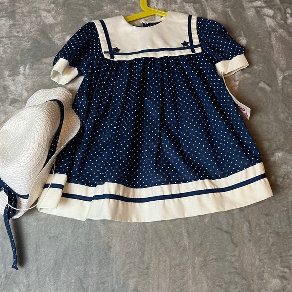 VTG Roanna Navy White Polka Dot Dress Hat Set Nautical Sailor Toddler Size 3T - Picture 4 of 5
